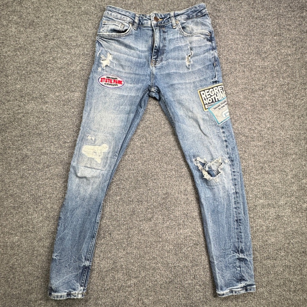 Zara‎ Slim Fit Distressed Patched Jeans Mens 31 Light Wash Blue Denim
